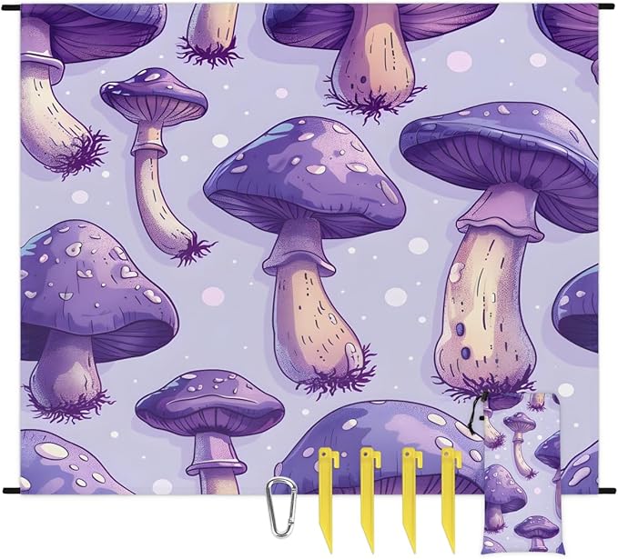 Waterproof Sandproof Beach Blanket 59''×68'' Mushrooms Polyester Outdoor Picnic Blanket with 4 Stakes &amp Storage Bag for BeachCampingVacation Purple