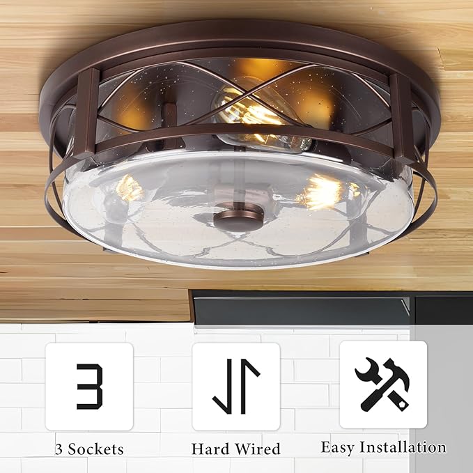 16 Inch Large Flush Mount Ceiling Light with Seeded Glass 3-Light Bronze Round Ceiling Lamp Modern Farmhouse Indoor Outdoor Ceiling Lighting for Kitchen Bedroom Living Dining Room