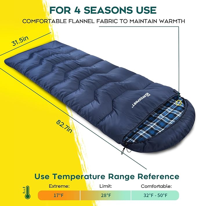 Bessport Sleeping Bag Winter | Flannel Lined 18℉ - 32℉ Extreme 3-4 Season Warm &amp Cool Weather Adult Sleeping Bags Large | Lightweight Waterproof for Camping Backpacking Hiking