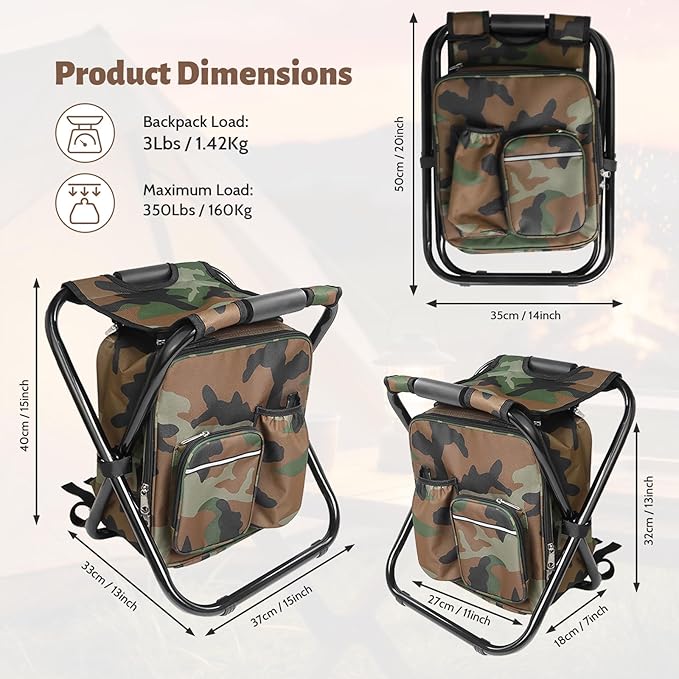Folding Camping Chair Stool Backpack with Cooler Insulated Picnic Bag Portable Hunting Fishing Multifunction Chair for Outdoors Hiking Hunting Travel (Camouflage)
