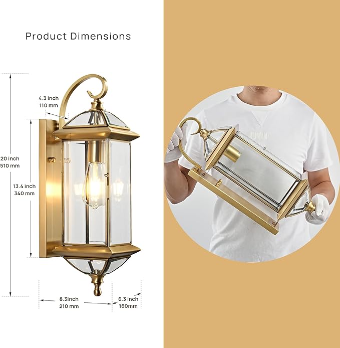 20'' H Brass Porch Light Copper Outdoor Light Fixture Oil Rubbed Finish Exterior Light Fixtures Large Outdoor Wall Lantern for PatioGarageFront Porch 1 Pack