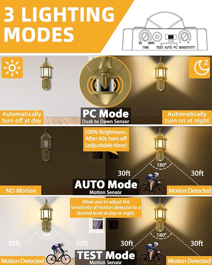 Redluck Motion Sensor Outdoor Lights 2 Pack 16 inch Dusk to Dawn Outside Porch Lights Waterproof Anti-Rust Aluminum Outdoor Wall Lights Exterior Lighting Fixtures for House Garage Front Door Gold
