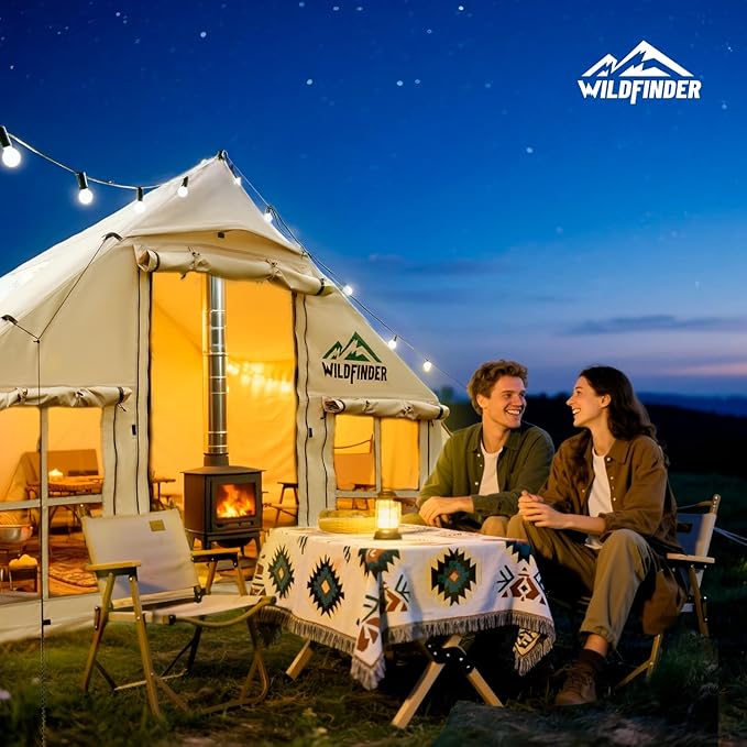 Inflatable Tent with Skylight Quick Setup Blow Up Tents with Pump Hot Tent with Stove Jack Waterproof Oxford Inflatable House for Camping Air Glamping Tents for Camping Adult 4-6 Person