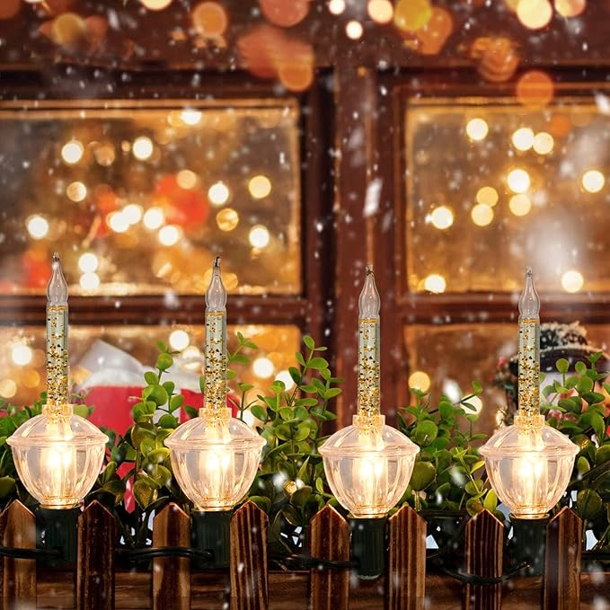 Christmas Traditional Bubble Light and Stringer 2 Pack Set: 7 Clear Bulbs with Golden Glitter for Christmas Tree Holiday Lighting C7/E12 Candelabra Base 2 Pack-14 Lights in Total - Green Wire