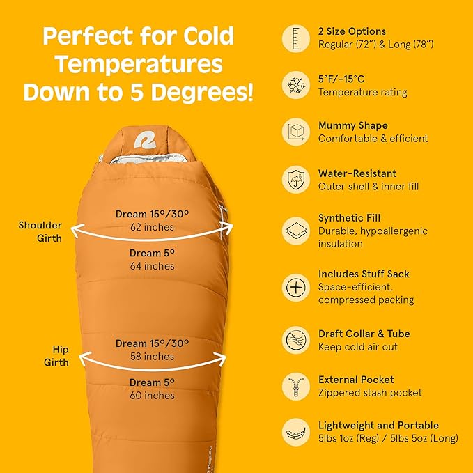 Retrospec Dream Mummy Sleeping Bag - 5 15 &amp 30°F Cold Weather Camping &amp Travel Essential Gear with Water - Resistant Shell &amp Synthetic Fill - Zippered Pocket &amp Stuff Sack