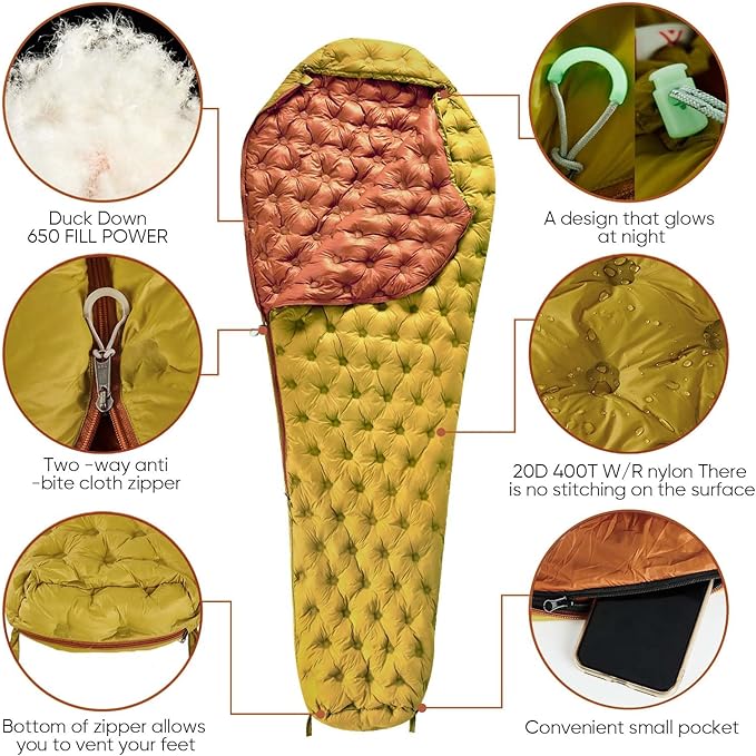 Ultralight Down Sleeping Bag for Adults 1.92lbs 32-55F 650 Fill Down Lightweight Compact Mummy Backpacking Sleeping Bag for Outdoor Camping and Hiking Compressible -MFH500