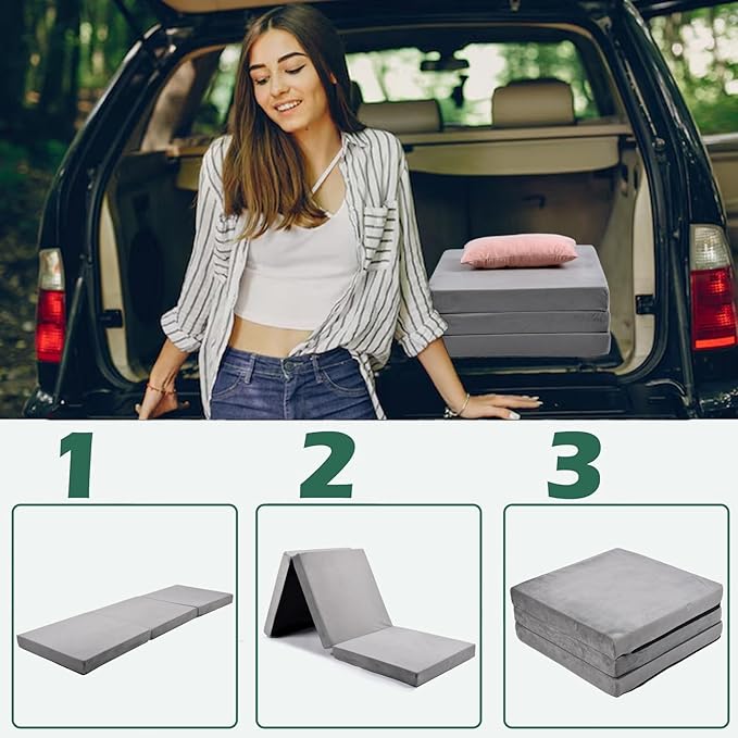 Memory Foam Foldable Mattress Trifold Floor Bed Mattress with Dust Cover Portable Waterproof Camping Pad Mat for Outdoor Sleeping Foldable for Travel Truck Bed Tent