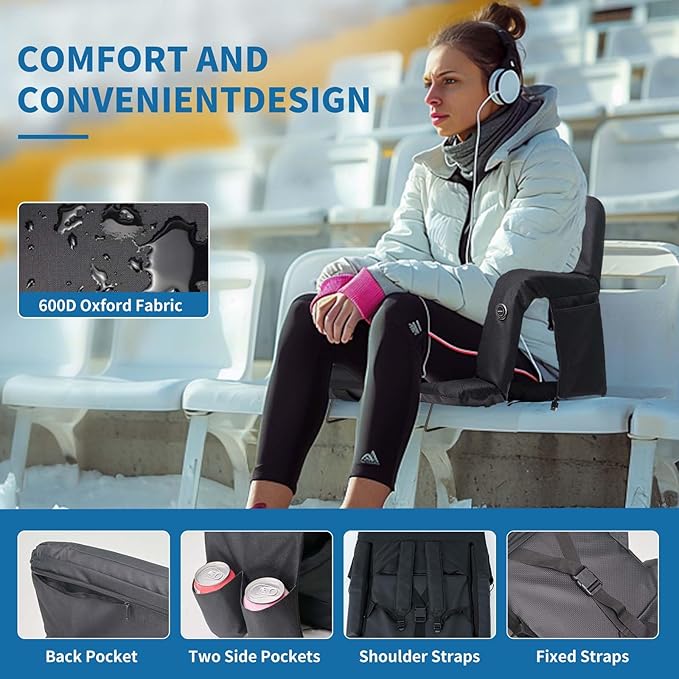 NAIZEA Heated Stadium Seats Bleacher Seat with Back Support &amp Arm Armrest Portable 6 Reclinng Positions Stadium Chair for Sports Events Outdoors（Power Bank is Not Included