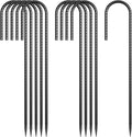 16 Inch J Hook Rebar Stakes 10 Pack Heavy Duty 5/16 Inch Diameter Black E-Coated Steel Wind Resistant Ground Anchors for Trampoline Bounce House Dog Kennel Chain Link Fence &amp Gazebo