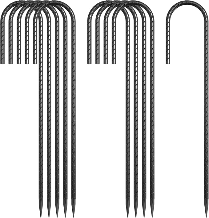 16 Inch J Hook Rebar Stakes 10 Pack Heavy Duty 5/16 Inch Diameter Black E-Coated Steel Wind Resistant Ground Anchors for Trampoline Bounce House Dog Kennel Chain Link Fence &amp Gazebo