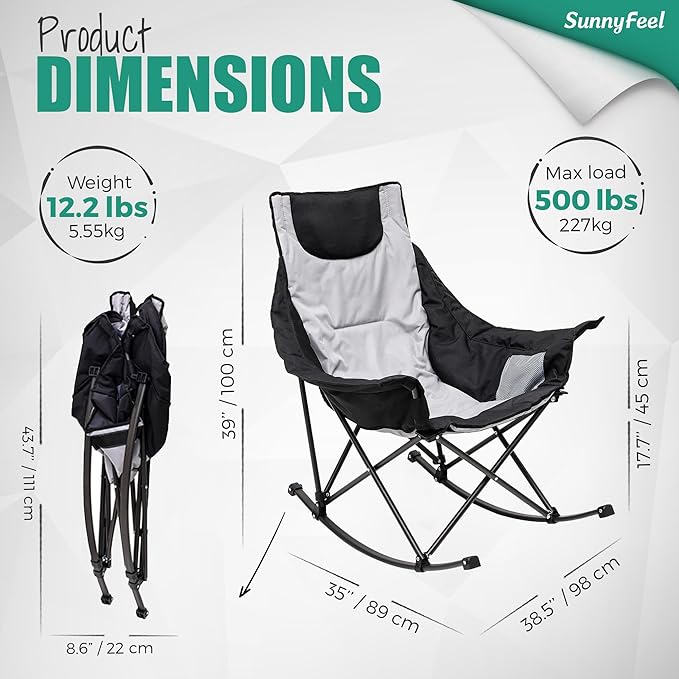 SUNNYFEEL Oversized Rocking Camping Chair Fully Padded Patio Chair with Side Pocket High Back Portable Lawn Recliner with Headrest Outdoor Camp Rocker Chairs for Adults Heavy Duty 500 LBS Carry Bag