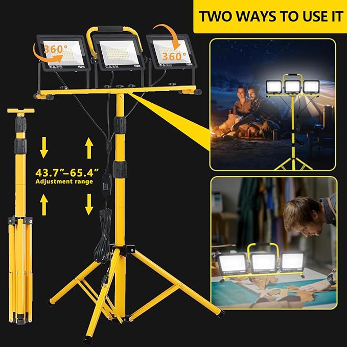 32000LM LED Work Light with Tripod 3x100W 3-Head Floodlight Plug-in 120V 3 CCT 3000K/5000K/6500K 360° Adjustable IP66 43.7-65.4 in 16.4 ft Cord Portable Telescoping Stand for Jobsite/Workshop