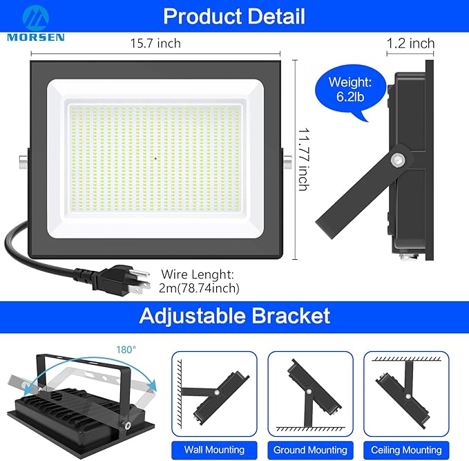 MORSEN 500W Flood Lights Outdoor 60000lm Bright LED Work Light with Plug 6500K Daylight White LED Flood Lighting IP66 Waterproof Security Yard Lights for Yard Garage Stadium 2 Pack