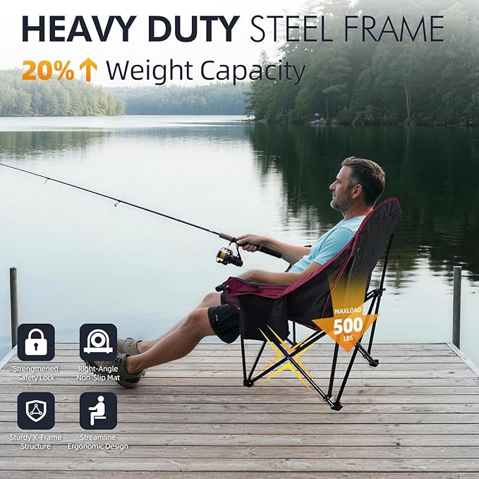 Oversized Camping Chair for Adults - Heavy Duty Padded Outdoor Folding Lawn XL Camp Chair with Cup Holder Cooler Pockets for Sports Beach Fishing Garden Portable Supports 500lbs Red/Grey