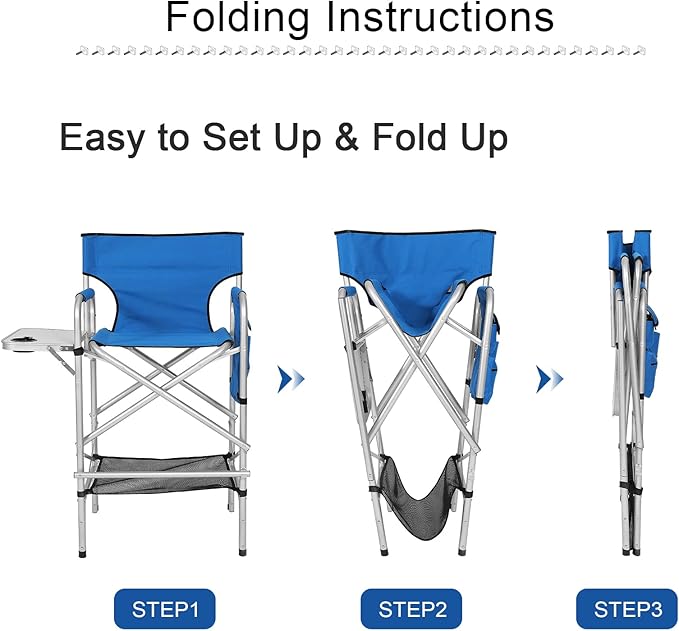 ABCCANOPY Folding Tall Directors Chair Outdoor Camping Chair Makeup Artist Chair with Side Table &amp Pockets Royal Blue