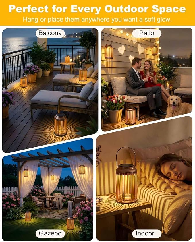 Solar Lanterns Outdoor Waterproof 2 Pack Hanging Rattan Solar Lights with Hummingbird Projection Garden Decor for Yard Patio Porch Gifts for Women Mom Grandma