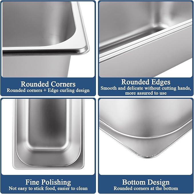 6PCS Hotel Pans Stainless Steel Steam Table Pan 1/3 Size 4 Inch Deep Steam Pan Catering Storage Metal Food Catering Tray for Hotel Restaurant Buffet Party