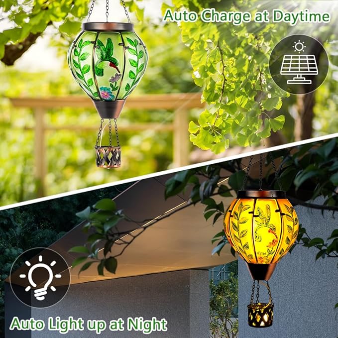 Hummingbird Hot Air Balloon Solar Lantern with Flame  Waterproof Solar Hot Air Balloon Lantern Hanging Outdoor Lanterns Decor for Patio Porch Garden