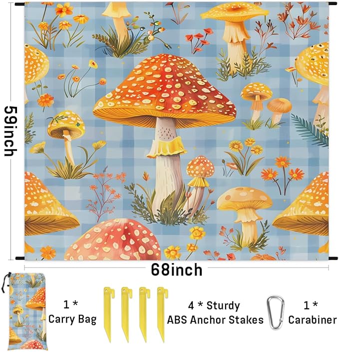 Waterproof Sandproof Beach Blanket 59''×68'' Plants Mushrooms Polyester Outdoor Picnic Blanket with 4 Stakes &amp Storage Bag for BeachCampingVacation Orange