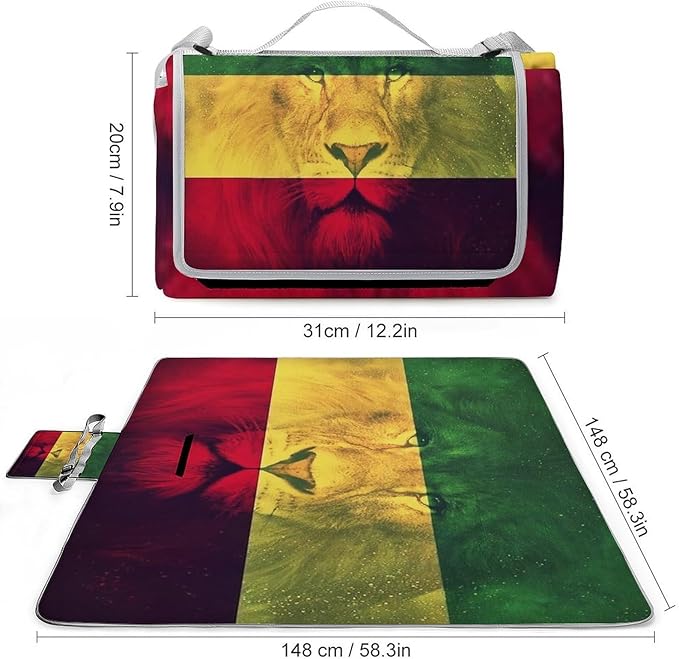Jamaican Flag Rasta Lion Waterproof Outdoor Picnic Blanket Sandproof Beach Mat for Camping Hiking Grass Travelling
