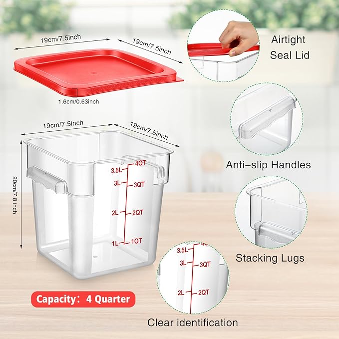 Suclain 2 Pcs Square Food Storage Container Polycarbonate Clear Food Container with Lid Commercial Rice Storage with Graduations for Commercial Kitchen(2 Qt4 QtRed)
