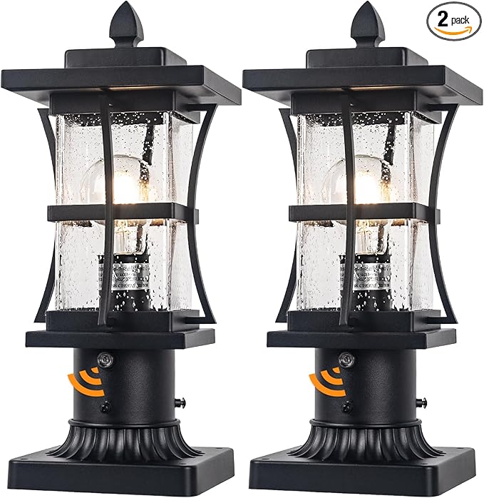2 Packs Dusk to Dawn Outdoor Post Light Fixture with Pier Mount Base - Black Outdoor Pole Lighting Waterproof Pillar Lantern Modern Outside Column with Seeded Glass for Pathway Garden Patio