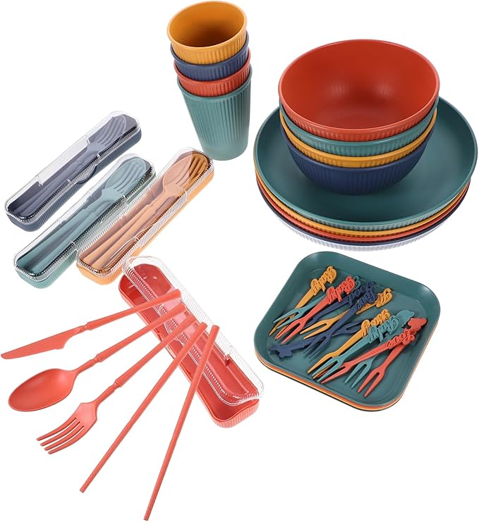 Garneck Wheatstraw Dinnerware Camping Outdoor Plates Rv Dishes Non-breakable Straw Cutlery