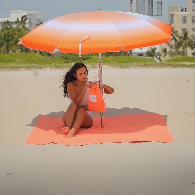 Plush Microfiber Beach Blanket Large Beach Mat for 1-4 Persons Sandproof Windproof | Hole for Umbrella Corner Sand Pockets to Fight Wind (Bag for Blanket Included)