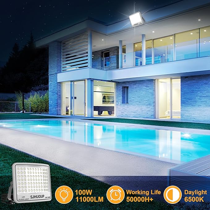 100W Flood Lights Outdoor 11000LM Super Bright Flood Light Outdoor LED Flood Lights with PlugIP67 Waterproof6500K Daylight White Outside Floodlights for Garage Yard LawnStadiumGarden