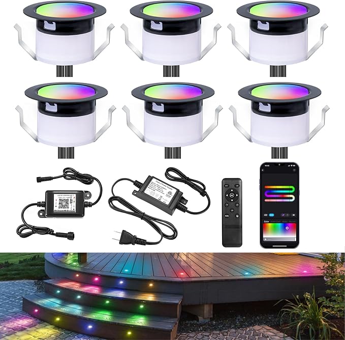 Sumaote LED Deck Lights Kit 6Pack 1.22 Low Voltage WiFi RGBW+IC Multicolor Dynamic Recessed Deck Lighting IP67 Waterproof 12V Step Lights for Garden Yard Path Stairs