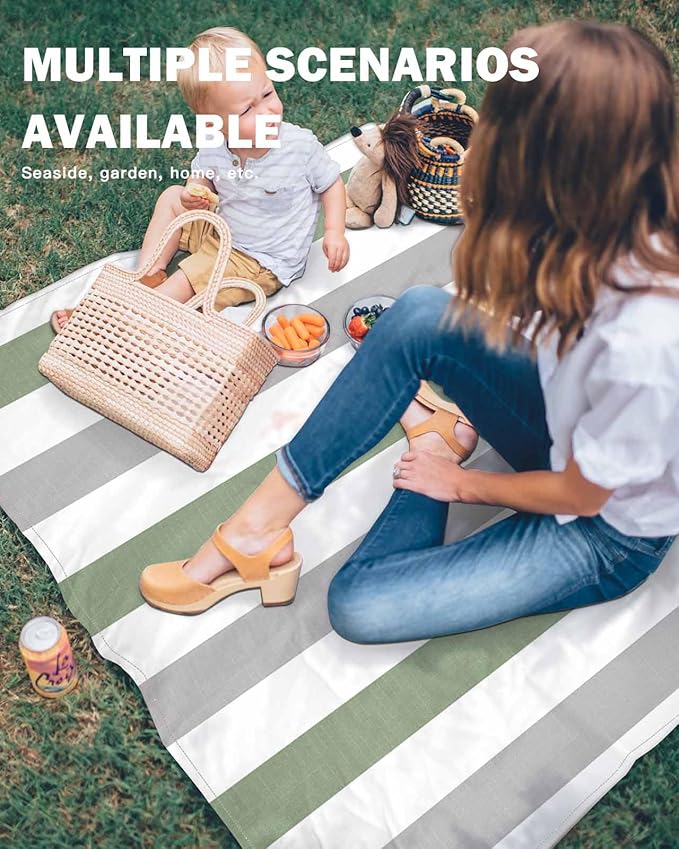 Modern Art Beach Blanket Waterproof Sandproof 83x79 Gray Sage Green Stripes Oversized Beach Mat with 4 Corner Sand Pocket &amp 4 Stakes Compact Outdoor Picnic Mat for Camping Travel Festivals