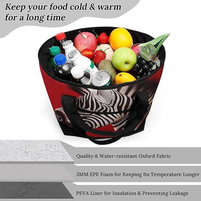 Insulated Shopping BagLarge Reusable Cooler Bags Zebra Red Printed Foldable Shopping BagTravel Waterproof Shoulder Bag