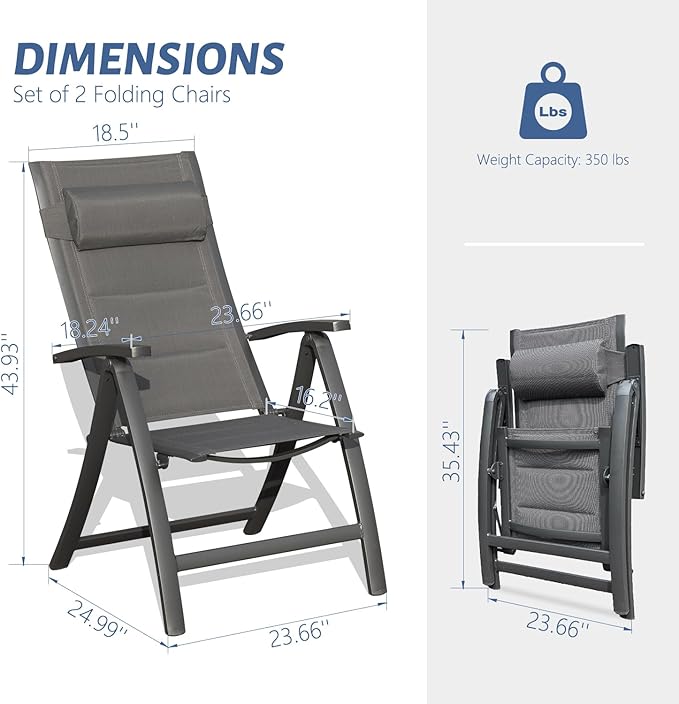 Domi Patio Outdoor Sling Chairs Set of 2 with Moveable Headrest Folding Chairs Outdoor Reclining Camping Chairs with Armrest Adjustable High Backrest and Padded Textilene Fabric Seat