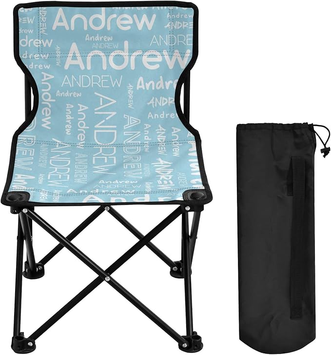 Sinestour Pale Blue Custom Folding Camping Chair for Teen Child Personalized Name 14.6×14.6in Portable Outdoor Chair with Carry Bag for Picnic Barbeques Beach