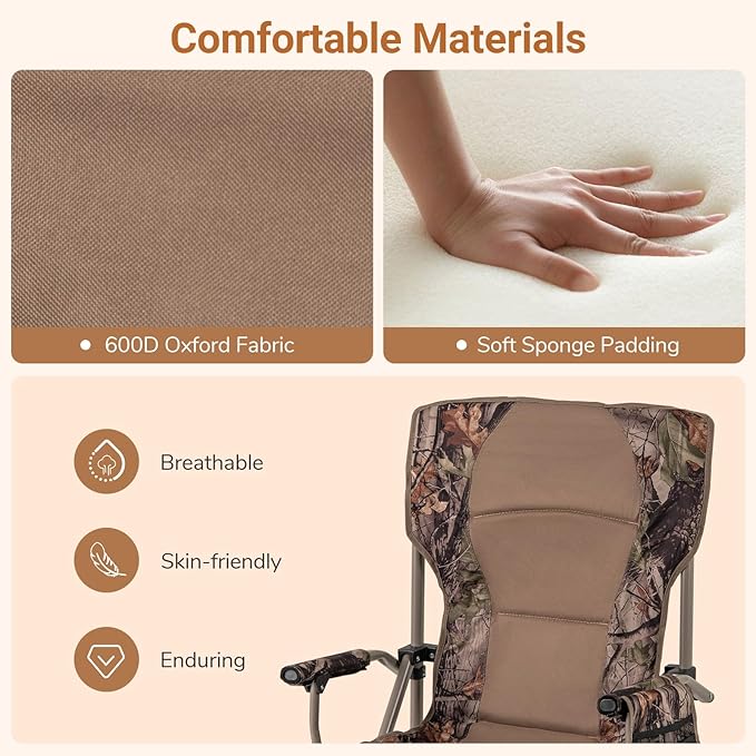 Goplus Folding Camping Chair 400 LBS Support Lawn Chair w/Armrests with Covers Cup Holder &amp Storage Pocket Adjustable Feet Portable Camp Chair with Carrying Bag for Fishing Hunting Picnic (2)