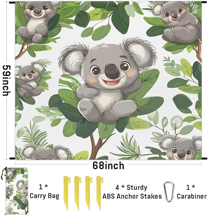 Waterproof Sandproof Beach Blanket 59''×68'' Animal Koala Pattern Polyester Outdoor Picnic Blanket with 4 Stakes &amp Storage Bag for BeachCampingVacation