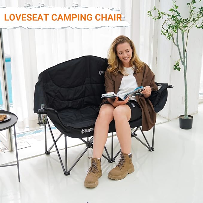 KingCamp Double Camping Chair Oversized Heavy Duty 550lbs Loveseat for Adults Portable Folding XL 2 Person Couch Padded Comfortable Two Seat with Cup Holder for Outdoor Lawn Backyard Black