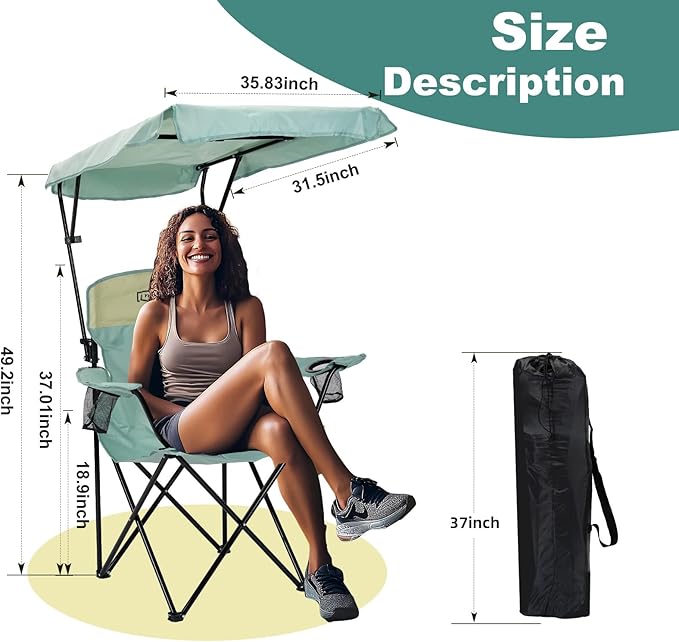 YOUNG WOOD Portable Camping Chair Beach Chair with Shade Canopy Fold Lightweight Oversized for All Easy to Open and Close Without Installation Side Pocket Design for All Outdoor Activities Blue