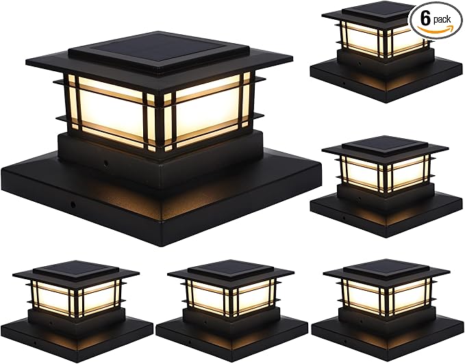 Dynaming 6 Pack Solar Post Cap Lights Outdoor Fence Post Solar Lights Fit for 4x4 5x5 6x6 Vinyl/Wooden Posts High Brightness Warm White SMD LED Lighting Decor for Garden Deck Patio