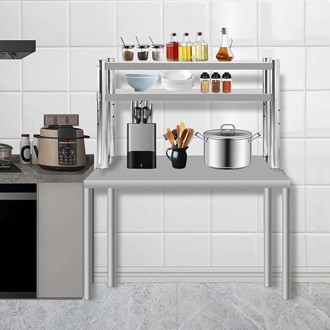 Stainless Steel Double Overshelf 30''L x 12''W Commercial 2 Tier Overshelf Height Adjustable Overshelf for Prep Work Table in Kitchen Restaurant
