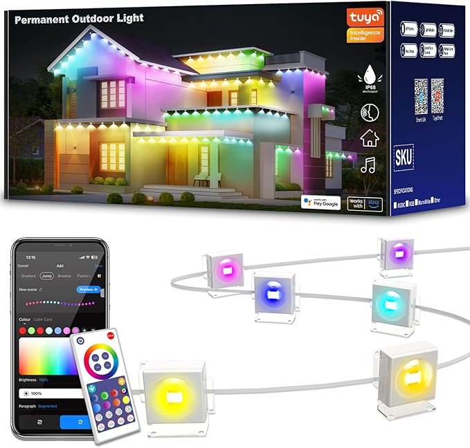 Permanent Outdoor Lights IP68 Waterproof Smart RGB+IC LED Christmas Light with 75 Scene Modes Holiday Lights for Christmas Halloween Work with Wi-Fi Alexa &amp Google Assistant (150ft)
