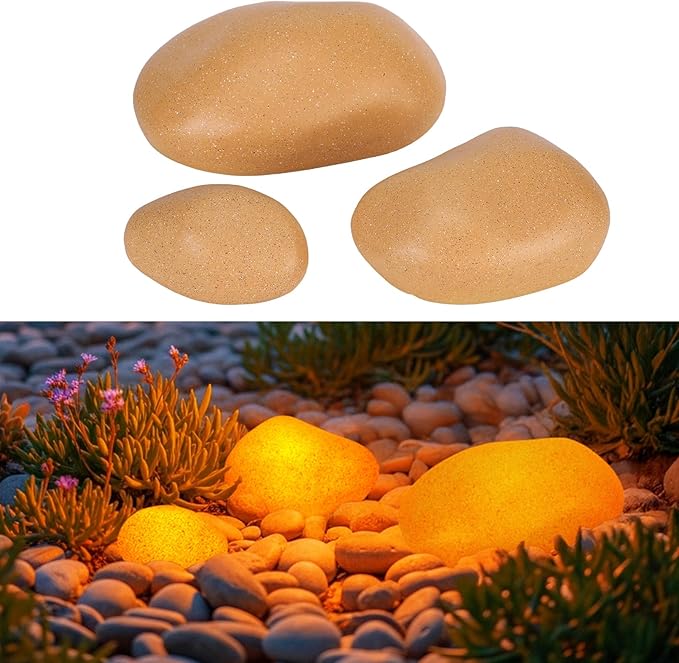 LEONLITE Low Voltage Pebble Shape Lights Outdoor 5CCT Cobblestone Pathway Lights 3Pcs LED Decorative Garden Light for Yard 12-24V AC/DC 1800K/2700K/3000K/4000K/5000K Selectable Yellow