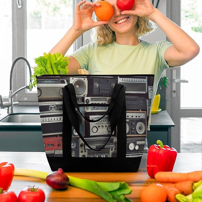 Insulated Shopping BagLarge Reusable Cooler Bags Vintage Wall of Radio Boombox Printed Foldable Shopping BagTravel Waterproof Shoulder Bag