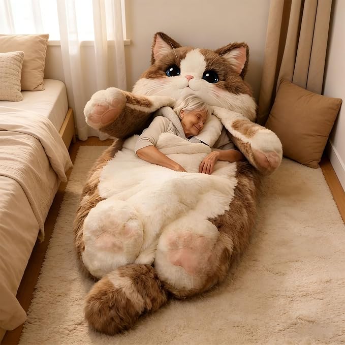 Fluffy Cat Sleeping Bag for Adults Plush Cat Shaped Sleeping Bag for Adults Adorable Cats Envelope Sleeping Bags Washable Warm Blanket for Camping and Home Lounging 68.9x31.5 Inch