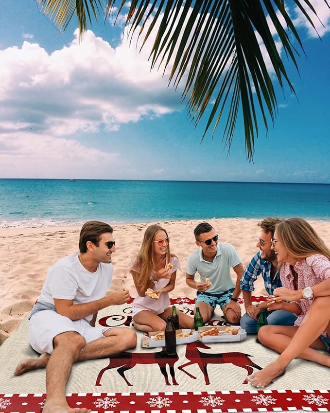 Beach Blanket Waterproof Sandproof OversizedMerry Christmas Elk Red Buffalo Plaid Beach Mat with Corner Stakes Sand PocketsWinter Snowflake Cute Animal Outdoor Picnic Mat for Travel 95x80In