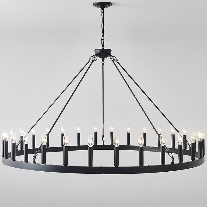 53 Inch Black Extra Large Wagon Wheel Chandelier 30-Lights Farmhouse Industrial Round High Ceiling Pendant Light Adjustable Chain for Dining Room Living Room