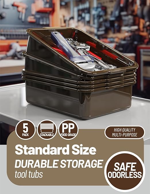 WYT 5-Pack Commercial Bus Tubs Box/Tote Box Brown Plastic Storage Bin with Handles/Wash Basin Tub (8 Liter)