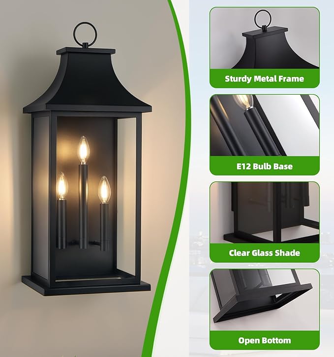 tewei 28'' Large Outdoor Wall Light Porch Light Outdoor Wall Sconce Lantern 3-Light Black Exterior Lighting Fixture Wall Mount Outside Light for House Garage 1-Pack