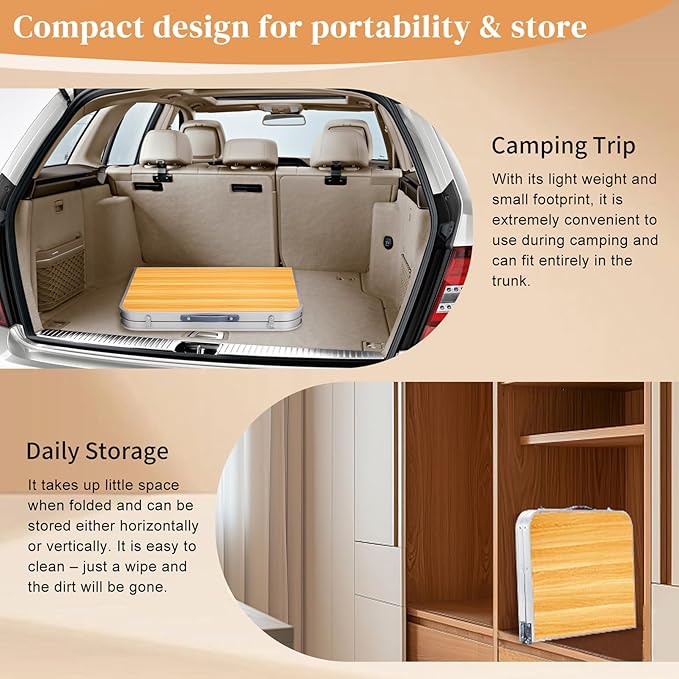 BIVVI 3FT Small Folding Camping Table Portable Lightweight Fold Up Utility Side Tables with Carrying Handle Outdoor Aluminum Fold in Half Dining Card Table for Picnic Party Events (Wood Grain Color)
