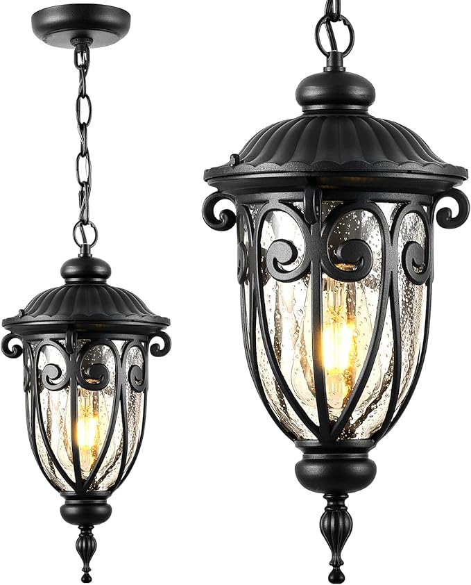 VIANIS Black Outdoor Pendant Light Lantern Modern Chandelier Handcrafted Hanging Lights with Seed Glass Outdoor Ceiling Lights for Porch House Doorway Garden Entryway